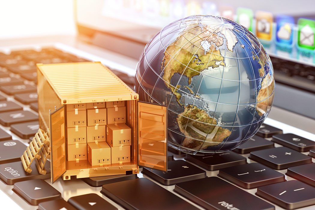 Global freight transportation business, cargo container with cardboard boxes and Earth globe on laptop Global-freight-organisation