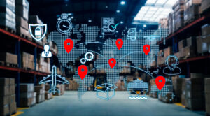 Supply chain, transport and logistics. symbols of Container cargo ship, airplane, cargo truck