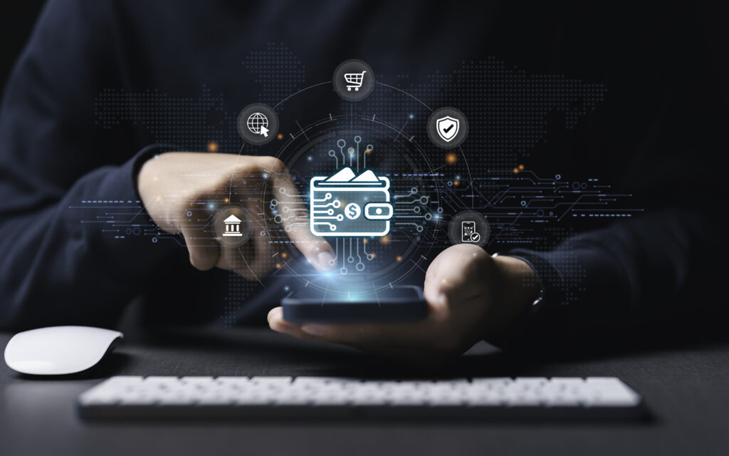 Businessman Hand Using smartphone for Online Source to Pay. Transaction on Mobile banking, E-wallet on blockchain technology. transfer, credit card, financial, and global business online